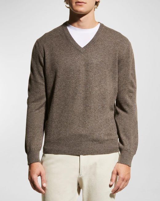 Neiman Marcus Brown Wool-Cashmere Knit V-Neck Sweater for men