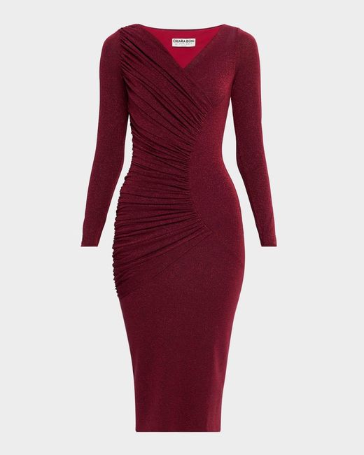 La Petite Robe Di Chiara Boni Women's Red Waleska Ruched Shimmer Midi Sheath Dress La Petite Robe Di Chiara Boni Women's Red Waleska Ruched Shimmer Midi Sheath Dress