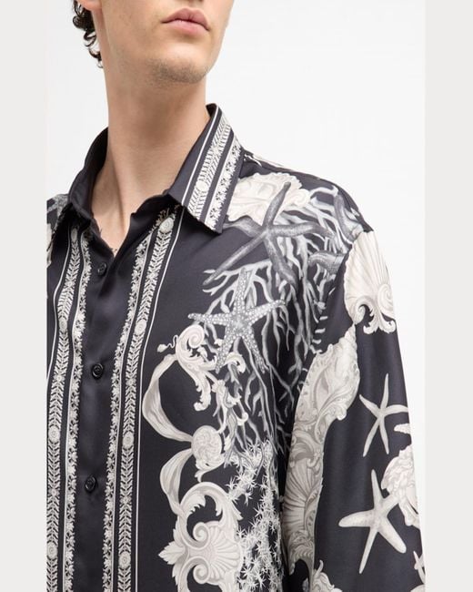 Versace Gray Printed Silk Button-Down Shirt for men