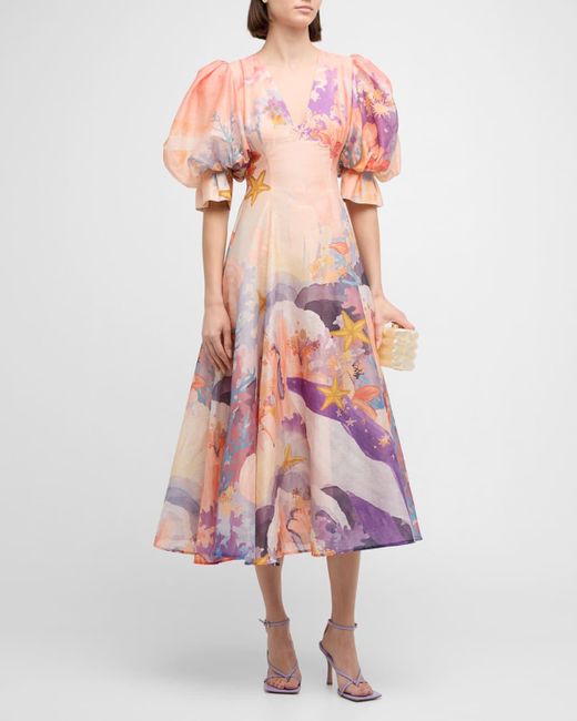 LEO LIN Pink Lara Puff-sleeve Coral-print Maxi Dress