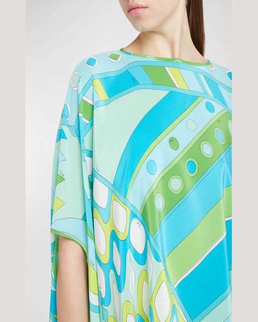 Emilio Pucci Blue Abstract-Print Short-Sleeve Mini Kaftan Dress