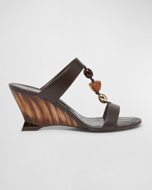 Ferragamo Brown Seleny Leather Beaded Wedge Sandals