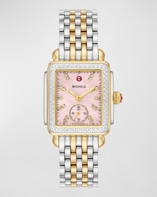 Michele White 29Mm Deco Mid Diamond Two-Tone Bracelet Watch