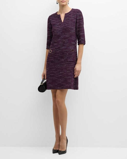 Misook Purple Split-neck Tweed Shift Dress