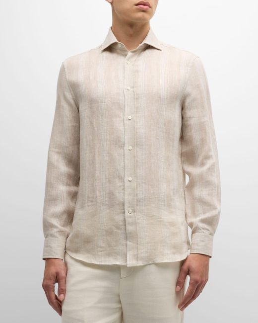 Brunello Cucinelli Natural Linen Stripe Casual Button-Down Shirt for men