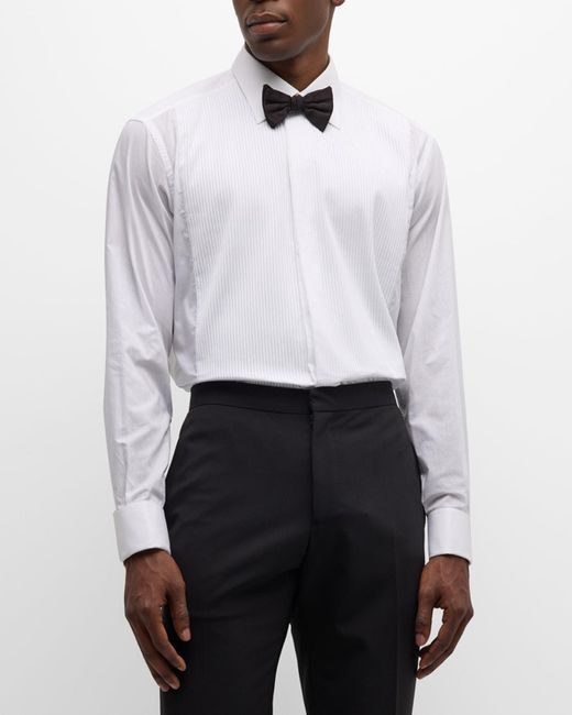 Brioni White Pleated Poplin French-cuff Dress Shirt for men