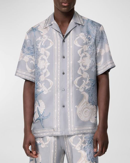 Versace White Printed Silk Camp Shirt for men