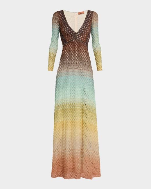 Missoni Multicolor Plunging Metallic Ombre Knit Long-Sleeve Maxi Dress