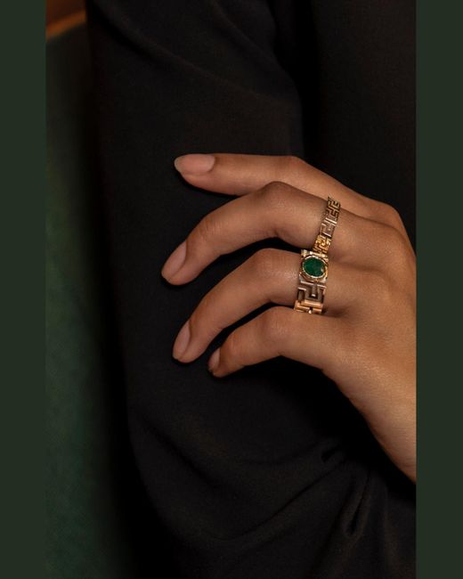 Azlee Metallic Greek Pattern Emerald Ring, Size 7.5