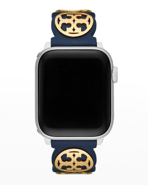 Tory Burch Black Miller Leather Apple Watch Band In Blue, 38-41mm