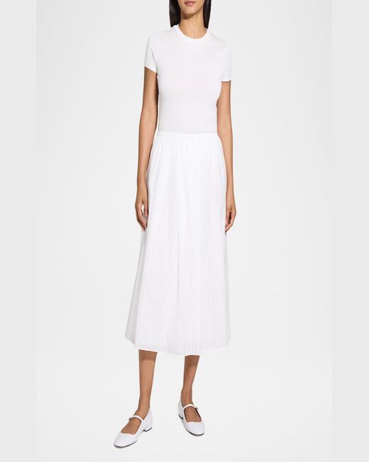 Theory White Stripe Pleated Midi Skirt