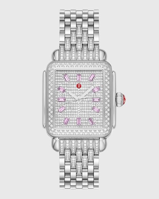 Michele White Limited Edition Deco Stainless Steel Pink Sapphire And Pave Diamond Watch