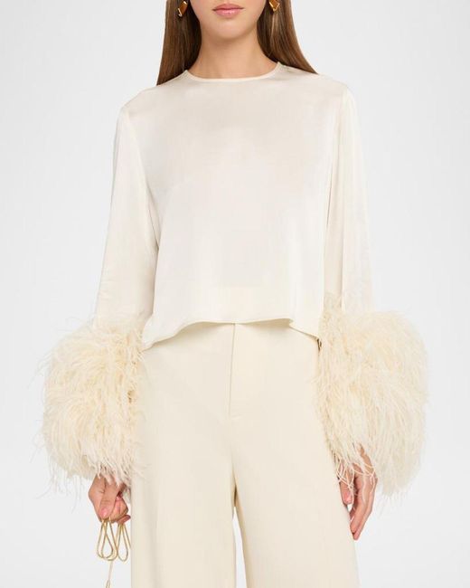LAPOINTE Black Feather-Trim Long-Sleeve Crop Satin Top