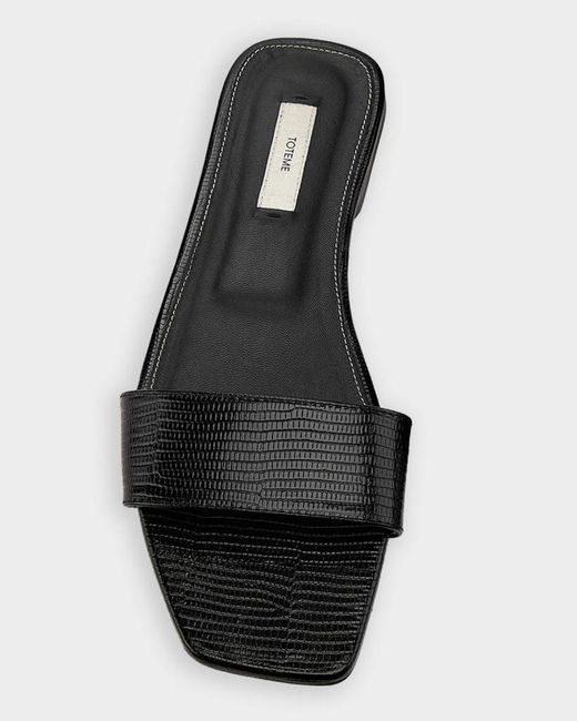 Totême Black Lizard-Embossed Leather Flat Sandals