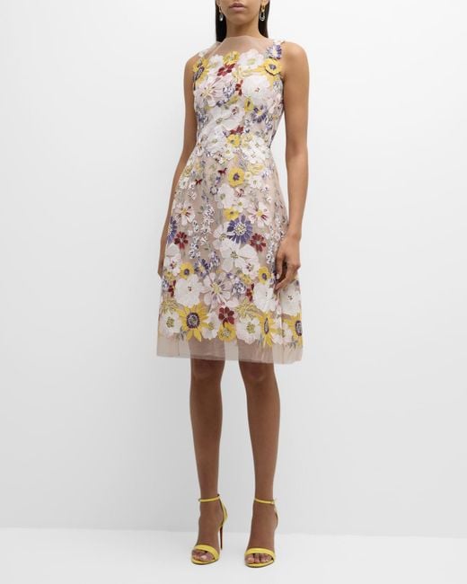 Teri Jon Natural Sleeveless Floral-Embroidered Tulle Midi Dress