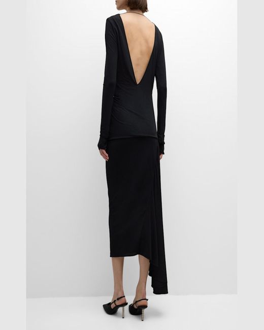 Givenchy Black Draped Backless Long-Sleeve Asymmetrical Midi Dress