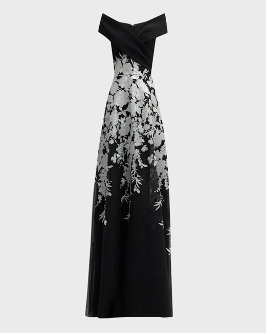 Teri Jon Black Off-Shoulder Embroidered Crepe Gown