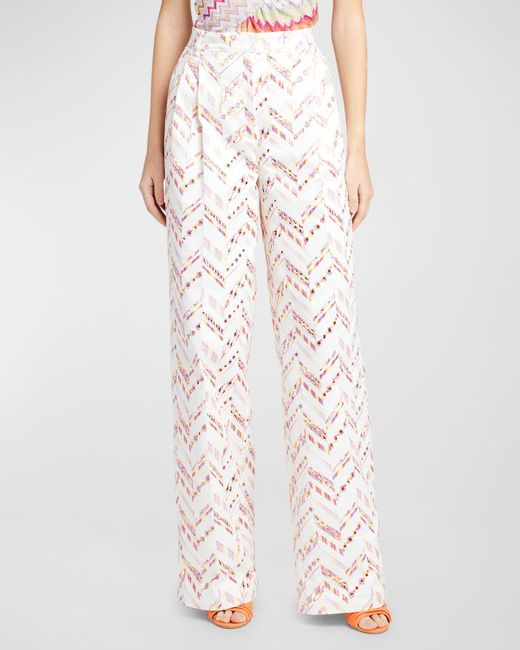 Missoni White Chevron Broderie Anglaise Pleated Straight-Leg Trousers