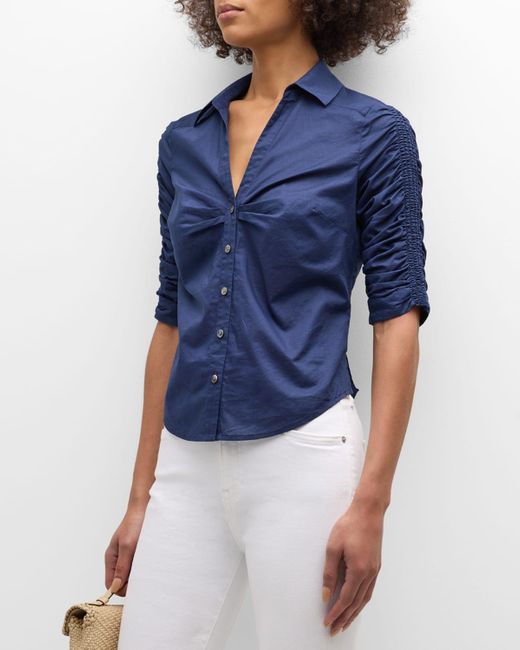 Veronica Beard Blue Porta Ruched Button-Front Shirt