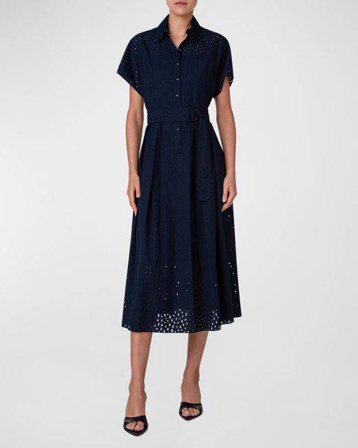 Akris Punto Blue Lasercut Grid Cotton Popeline Dress With Belt