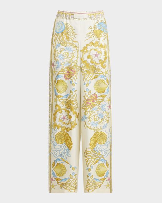 Versace Metallic Underwater Barocco Foulard Silk Twill Wide-Leg Pull-On Pants