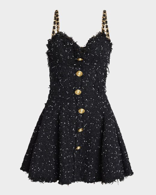 Balmain Black Chain-Straps Polka Dot Tweed Mini Dress