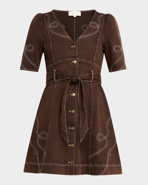 LOVE THE LABEL Ines Belted Denim Mini Dress in Brown | Lyst