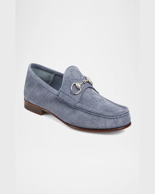 Gucci Blue Horsebit 1953 Embossed Suede Bit Loafers for men