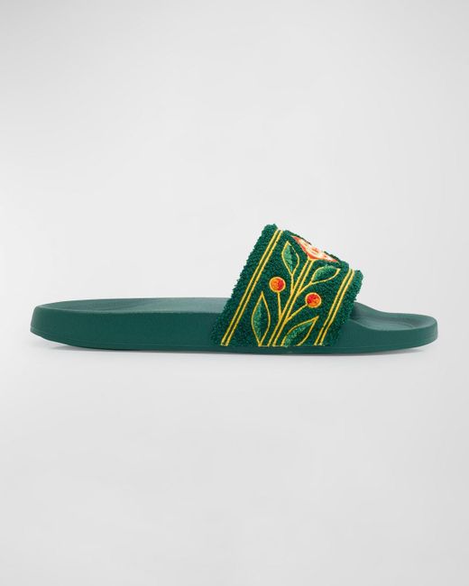 Casablancabrand Green Embroidered Cotton Slide Sandals for men
