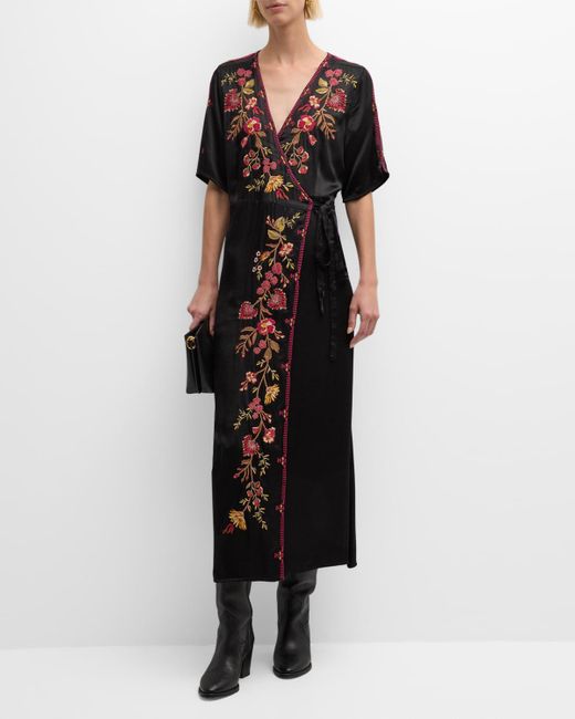 Johnny Was Black Lilith Floral-Embroidered Wrap Dress