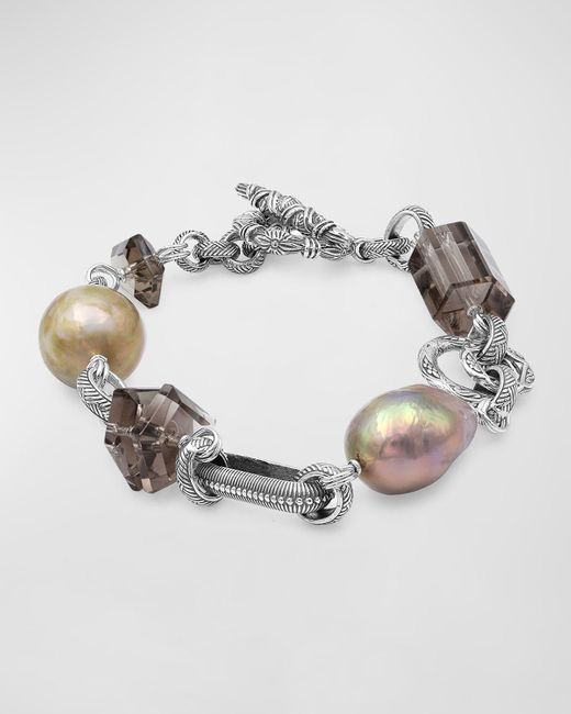 Stephen Dweck Metallic Smoky Quartz And Baroque Pearl Bracelet In Sterling Silver