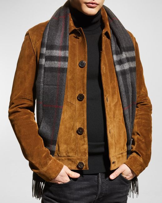 Burberry Brown Classic Check Cashmere Fringe Scarf for men