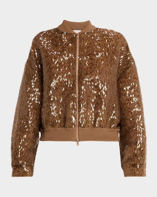 Brunello Cucinelli Brown Sequined Silk Bomber Jacket