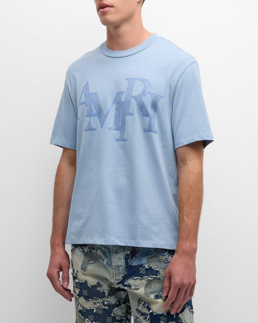 Amiri Blue Crystal Staggered Logo T-Shirt for men