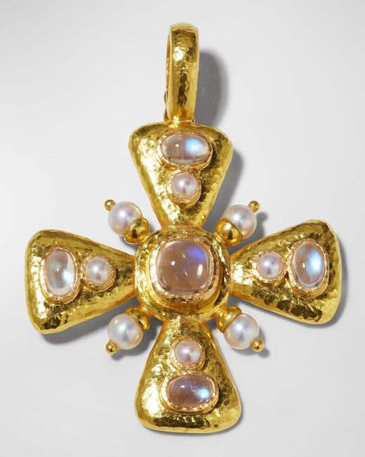 Elizabeth Locke Metallic Moonstone & Pearl Maltese Cross Pendant