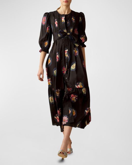 Cynthia Rowley Black Pintuck Floral-Print Blouson-Sleeve Midi Dress