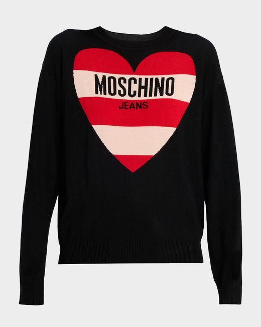 Moschino Black Striped Logo Heart Cropped Wool Sweater