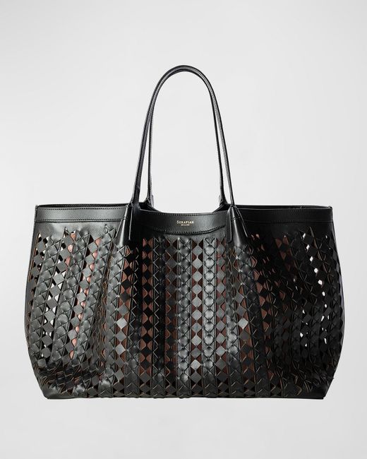 Serapian Black Secret Mosaic Cutout Leather Tote Bag