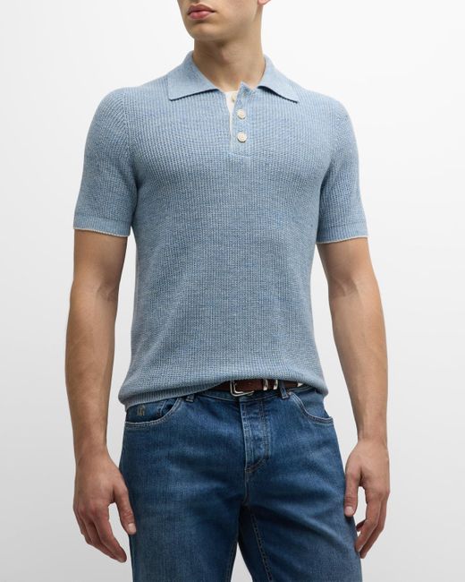 Brunello Cucinelli Blue Cotton-Linen Melange Ribbed Polo Shirt for men
