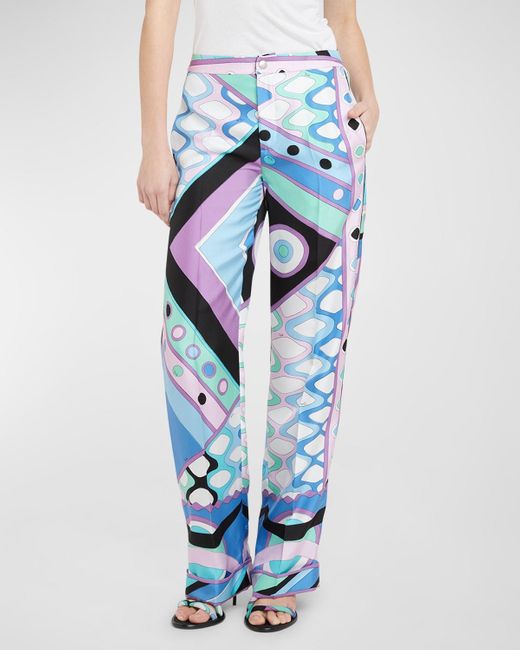 Emilio Pucci Blue Mid-Rise Abstract-Print Straight-Leg Satin Pajama Trousers