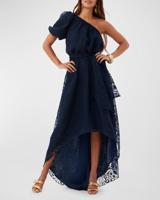 Trina Turk Blue Afloat One-Shoulder High-Low Maxi Dress