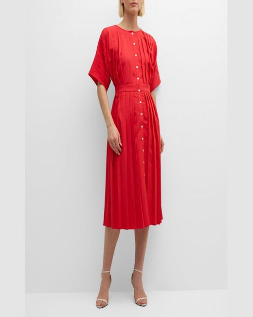 Misook Red Pleated Button-Down Midi Dress