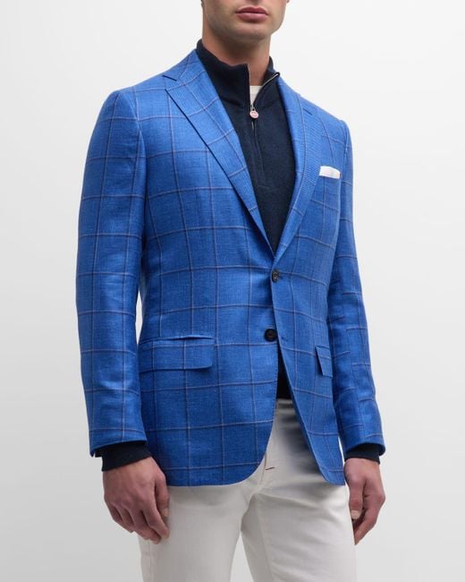 Kiton Blue Windowpane Cashmere-Blend Sport Coat for men