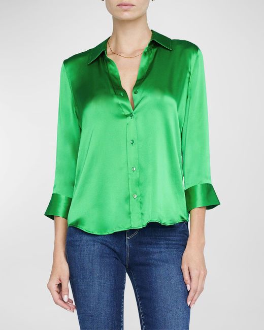 L'Agence Green Dani Silk Satin 3/4-Sleeve Button-Down Blouse