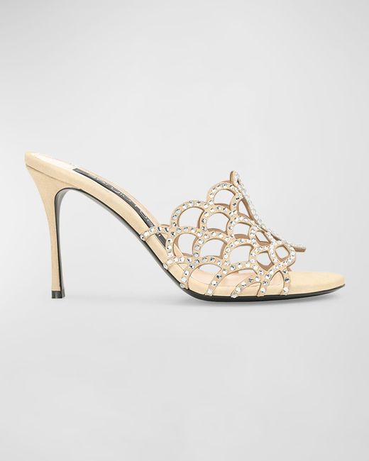 Sergio Rossi White Strass Leather Caged Mule Sandals