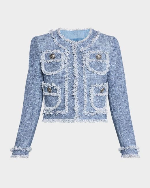 Maison Common Blue Cotton-Blend Short Jacket With Fringe Trim