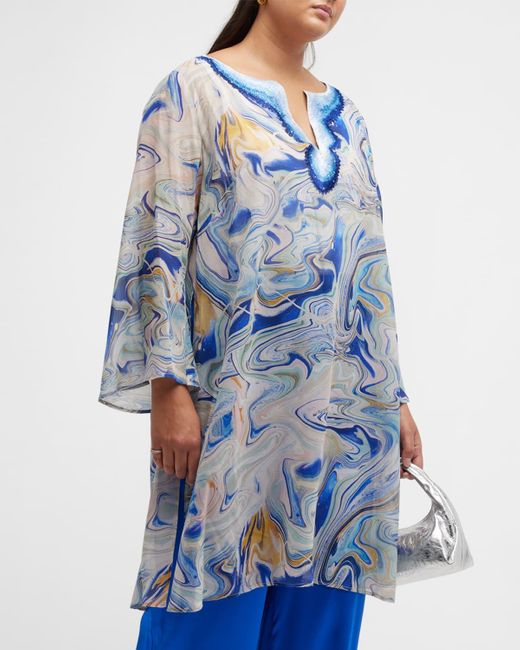 Gabriella Rossetti Blue Valentina Marble-print Embroidered Silk Tunic