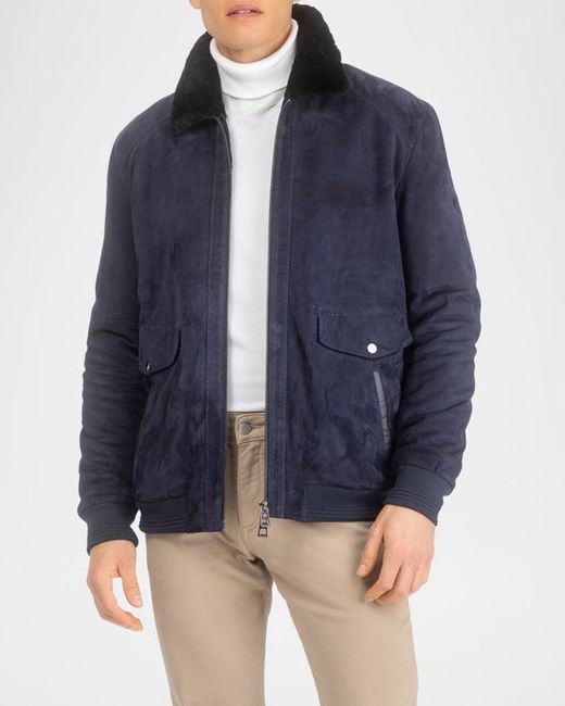 Gorski Blue Apos;S Suede Jacket With Select Shearling Lamb Lining