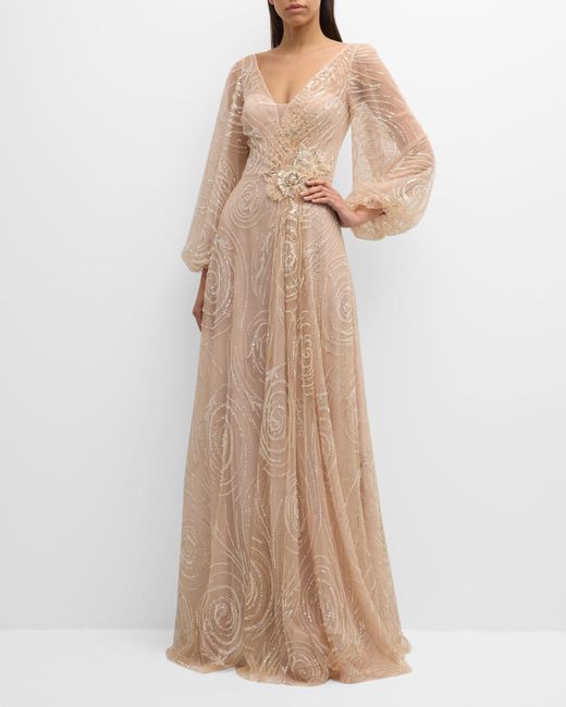 Teri Jon Natural Bead & Sequin Flower-Embellished Tulle Gown