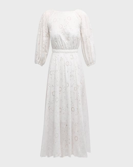 Carolina Herrera White Shirred Puff-Sleeve Broderie Anglaise Midi Dress